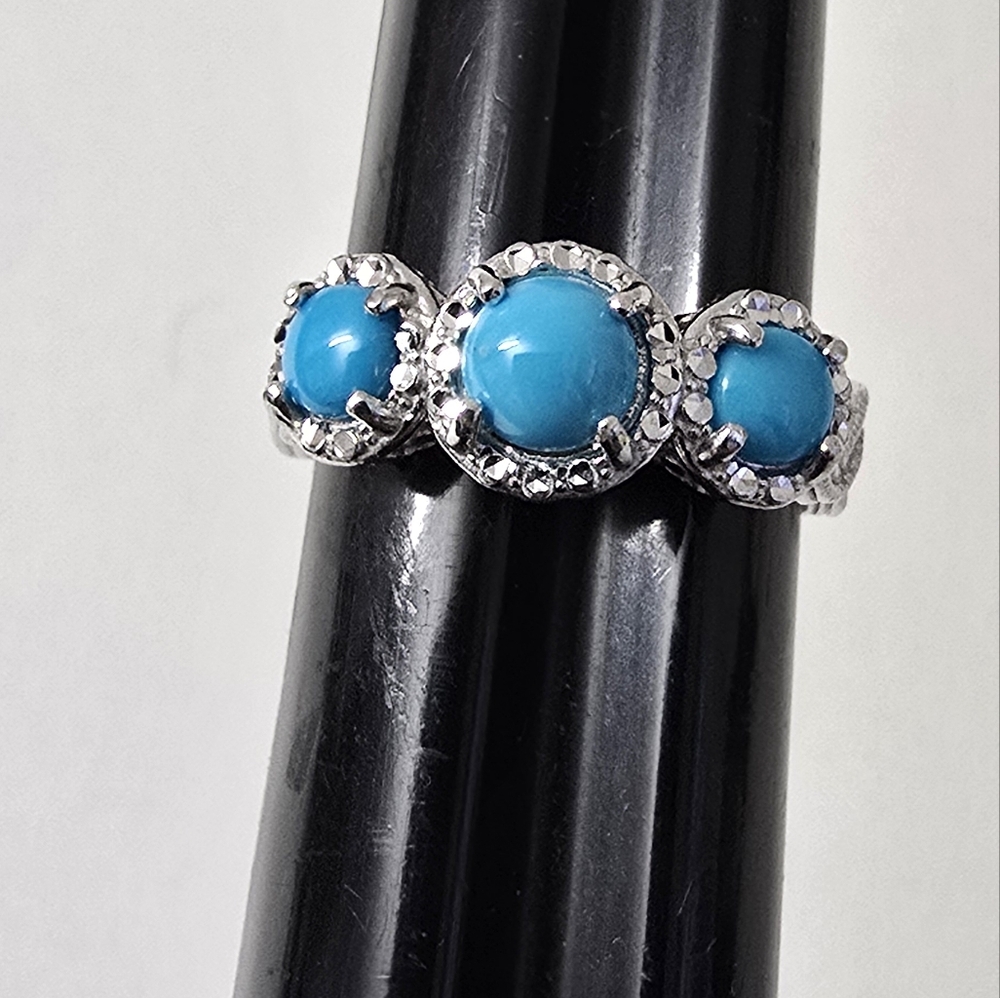Sterling Silver 925 Turquoise Diamond Cut Ring